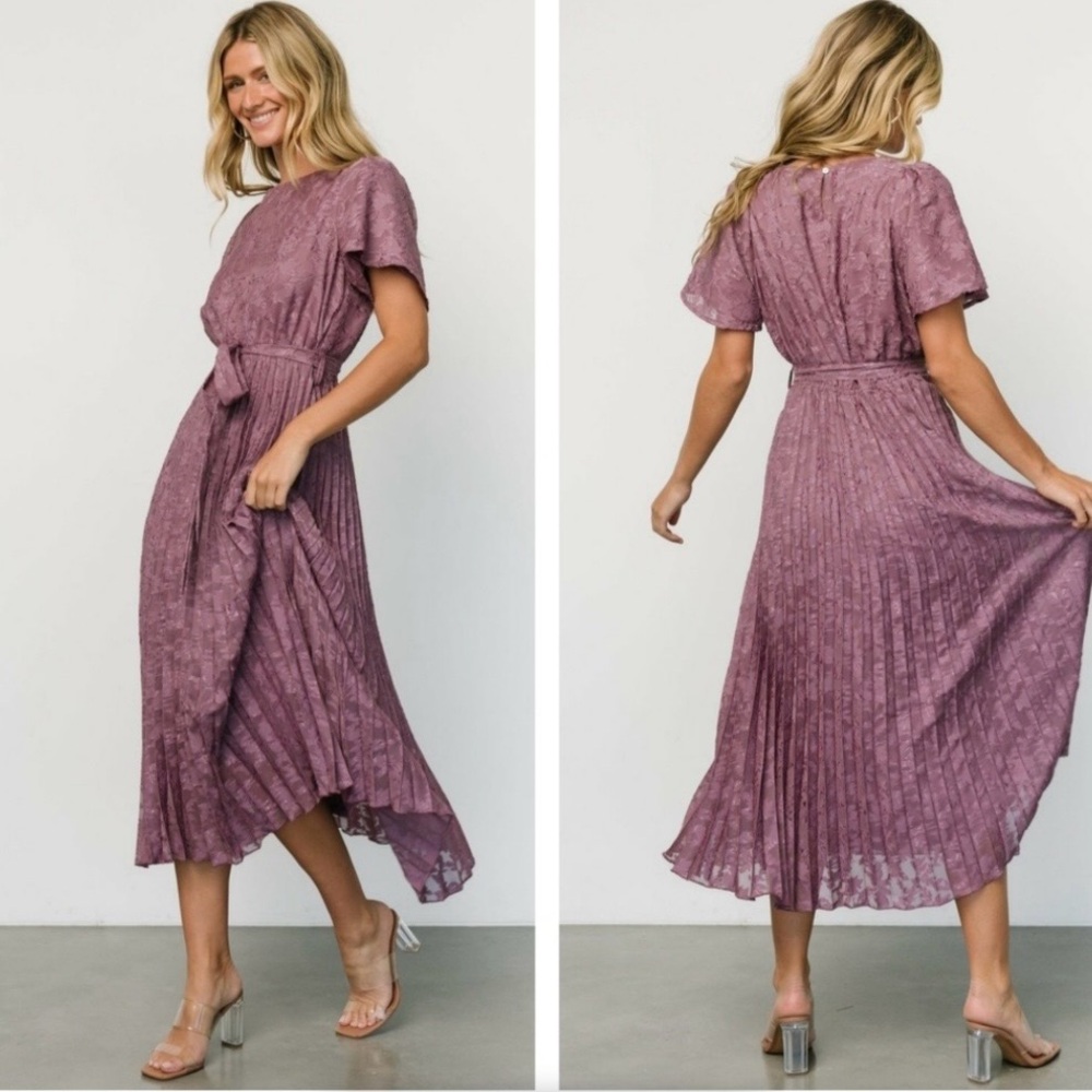 Baltic Born Mindy Dusty Mauve Pleated Midi Dress with Tie Waist M